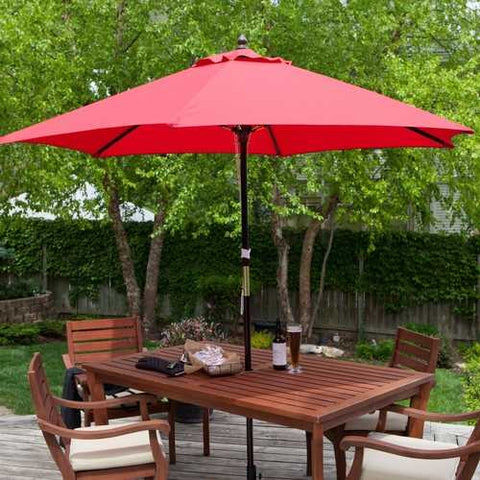 Image of Outdoor 9-Ft Wood Patio Umbrella with Red Canopy Shade