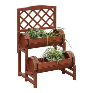 Red Cedar Double-Barrel 2 Tier Planter Stand with Built In Trellis