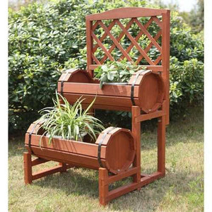 Red Cedar Double-Barrel 2 Tier Planter Stand with Built In Trellis