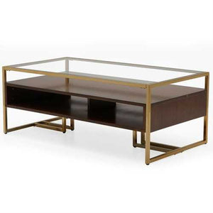 Modern Steel Brass-Plated Walnut Glass Top Retro Coffee Table