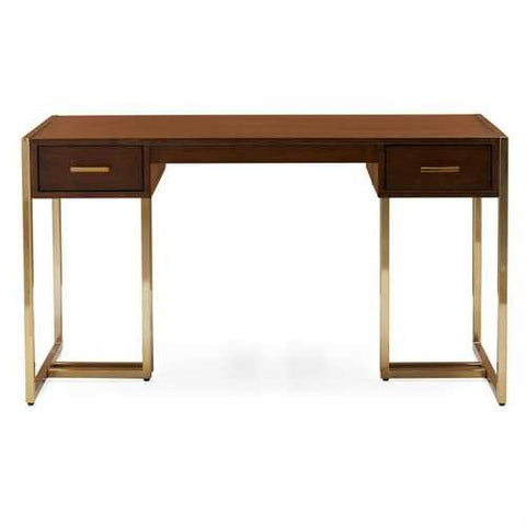 Image of Modern Laptop Writing Steel Brass-Plated Walnut Retro 2 Drawer Desk