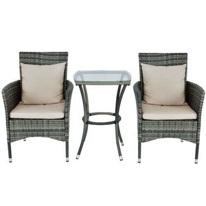 3 Piece Gray Brown Patio Rattan Chairs and Table Set with Cushions