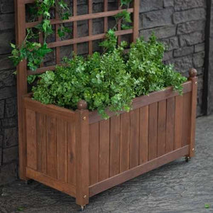 Wood Planter Box on Wheels with Grid-style Trellis