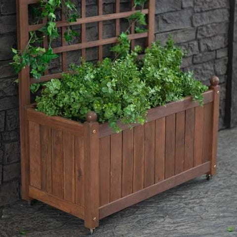 Image of Wood Planter Box on Wheels with Grid-style Trellis