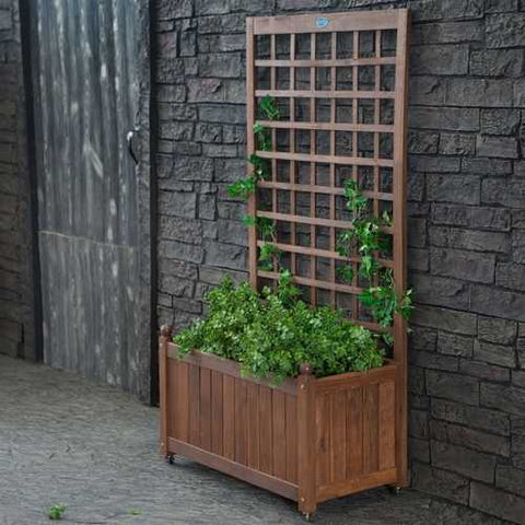 Image of Wood Planter Box on Wheels with Grid-style Trellis