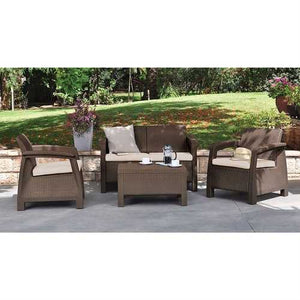 Brown Resin Wicker Patio Furniture Set with Off-White Cushions