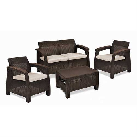 Image of Brown Resin Wicker Patio Furniture Set with Off-White Cushions