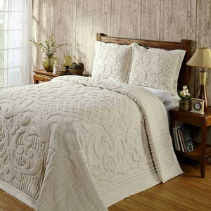 Queen size 100-Percent Cotton Chenille Bedspread with Tufted Scrolls in Ivory