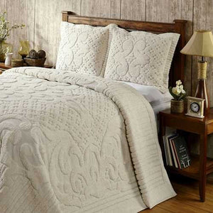 Queen size 100-Percent Cotton Chenille Bedspread with Tufted Scrolls in Ivory