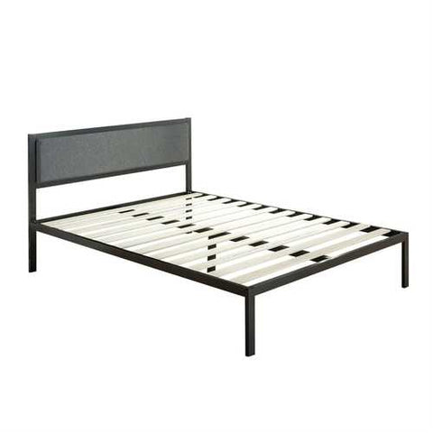 Image of King size Metal Platform Bed Frame with Wood Slats and Upholstered Headboard