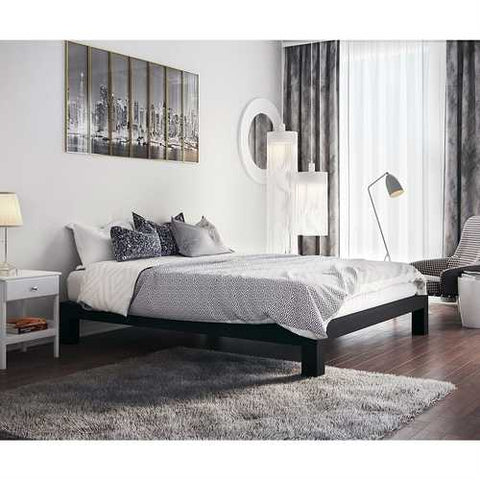 Image of King Black Metal Platform Bed Frame with Wide Wood Slats