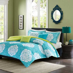 King size 5-Piece Floral Damask Comforter Set in Teal Blue White and Green Colors