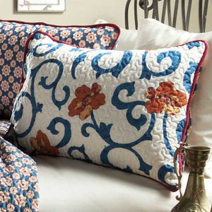 King size 3-Piece Cotton Quilt Set in Red White Blue Floral Scroll Pattern