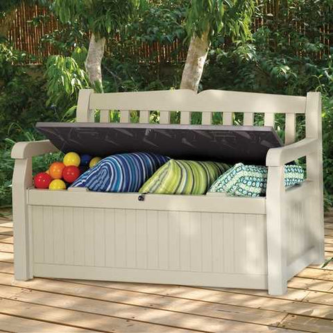 Image of Beige Resin Eco-Friendly 70-Gallon Outdoor Garden Bench Deck Box