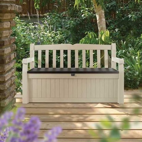 Image of Beige Resin Eco-Friendly 70-Gallon Outdoor Garden Bench Deck Box