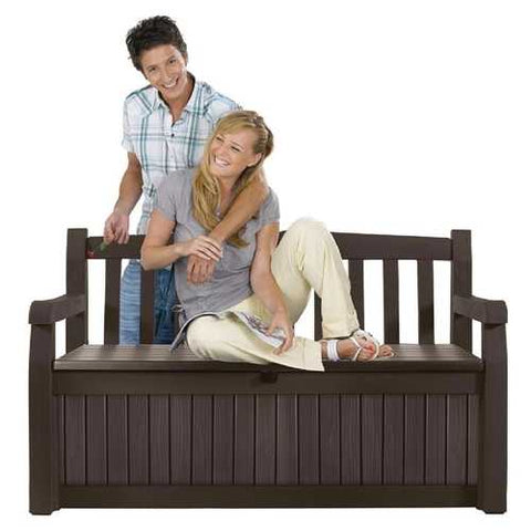 Image of Outdoor Garden Bench with Arm Rest and Storage Box in Dark Brown