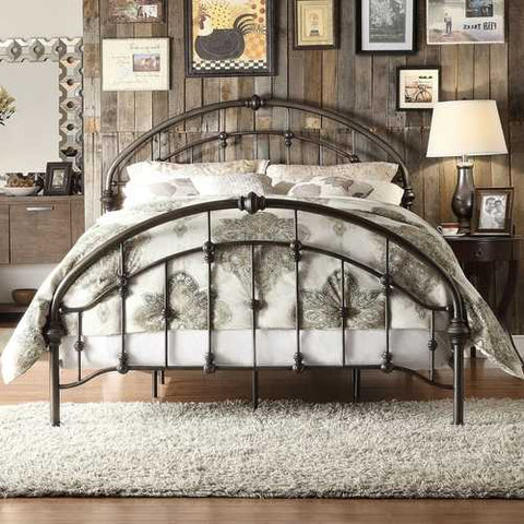 Image of King size Antique Dark Bronze Metal Bed with Arch Headboard and Footboard