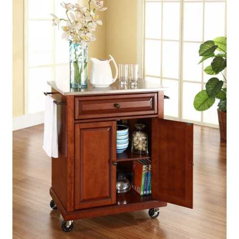 Image of Stainless Steel Top Portable Kitchen Island Cart in Classic Cherry