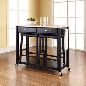 Natural Wood Top Kitchen Cart Island in Black with Saddle Stools