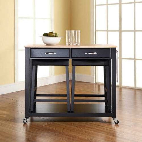 Image of Natural Wood Top Kitchen Cart Island in Black with Saddle Stools