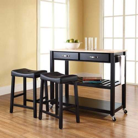 Image of Natural Wood Top Kitchen Cart Island in Black with Saddle Stools