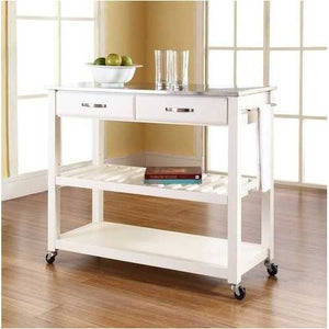 Stainless Steel Top Kitchen Cart Island in White on Casters