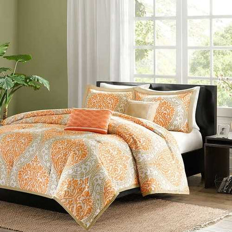 Image of King size 5-Piece Comforter Set in Orange Damask Print