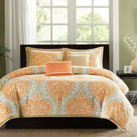 Image of King size 5-Piece Comforter Set in Orange Damask Print