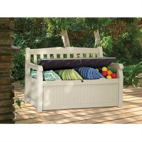 Image of Patio Bench with Arm Rest and Storage Box in Beige Weather Resistant Resin