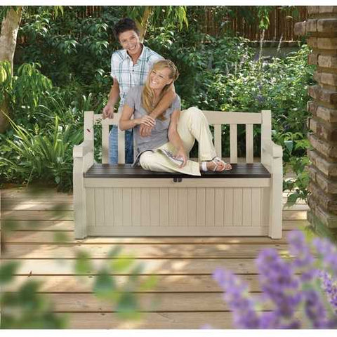 Image of Patio Bench with Arm Rest and Storage Box in Beige Weather Resistant Resin