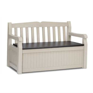 Patio Bench with Arm Rest and Storage Box in Beige Weather Resistant Resin