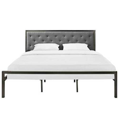 Image of King size Modern Metal Platform Bed with Gray Button Tufted Headboard