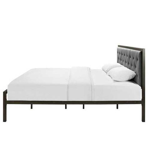 Image of King size Modern Metal Platform Bed with Gray Button Tufted Headboard