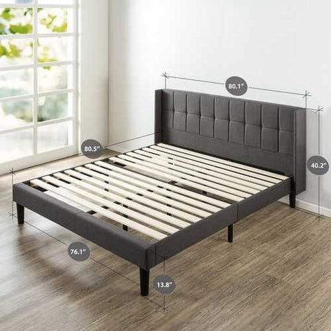 Image of King Grey Upholstered Mid-Century Modern Platform Bed with Wingback Headboard