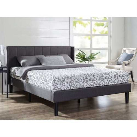 Image of King Grey Upholstered Mid-Century Modern Platform Bed with Wingback Headboard