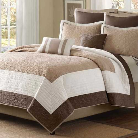 Image of King Brown Ivory Tan Cream 7 Piece Quilt Coverlet Bedspread Set