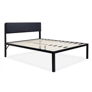 King size Metal Wood Slat Platform Bed Frame with Black Padded Headboard