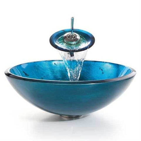 Image of Round Blue Tempered Glass Vessel Bathroom Sink