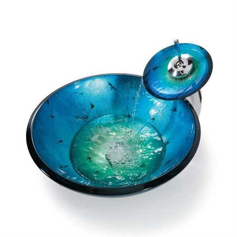 Image of Round Blue Tempered Glass Vessel Bathroom Sink