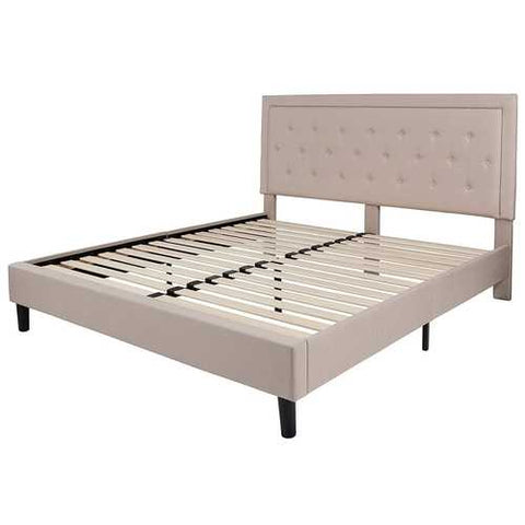 Image of King Beige Upholstered Platform Bed Frame with Button Tufted Headboard