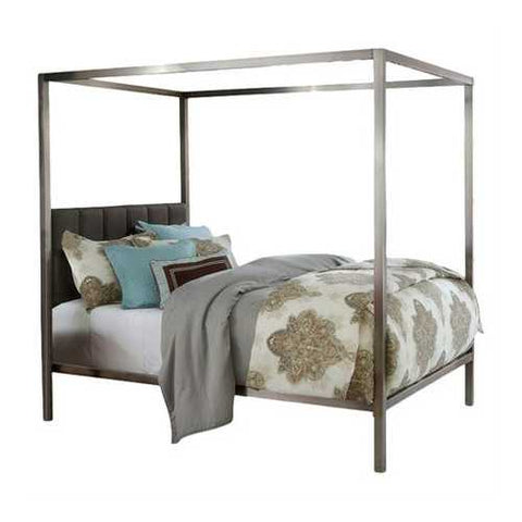 Image of King size Modern Metal Canopy Bed with Upholstered Headboard