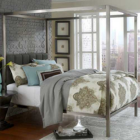 Image of King size Modern Metal Canopy Bed with Upholstered Headboard