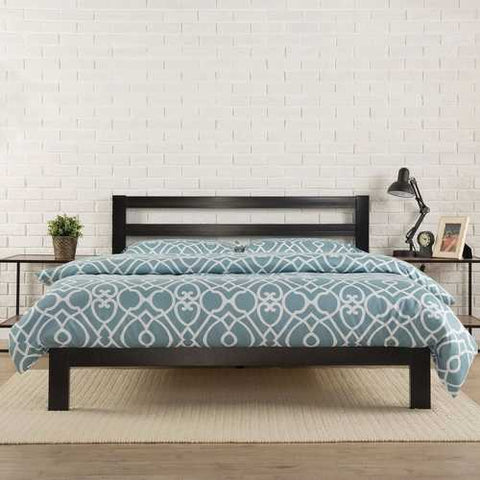 Image of King size Heavy Duty Metal Platform Bed Frame with Headboard and Wood Slats