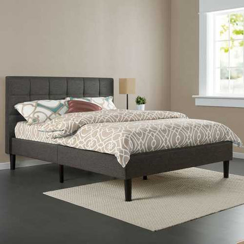 Image of King size Modern Dark Grey Upholstered Platform Bed Frame with Headboard