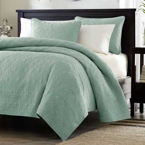 Image of King size Seafoam Green Blue Coverlet Set with Quilted Floral Pattern