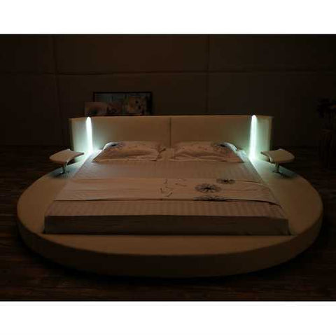 Image of King size Round White Faux Leather Platform Bed with LED Headboard and Nightstands