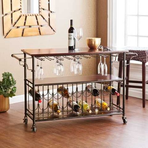 Image of Wood Top Kitchen Island Wine Rack Cart with Storage Shelf