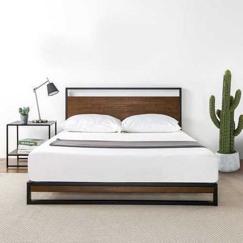 Image of King size Metal Wood Platform Bed Frame with Headboard