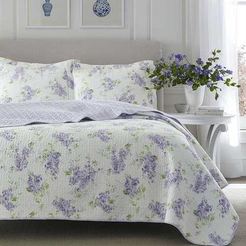 Image of Full / Queen size 3-Piece Cotton Quilt Set with White Purple Floral Pattern