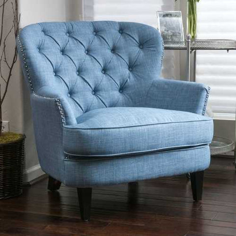 Image of Light Blue Mid-Century Tufted Upholstered 100% Linen Armchair